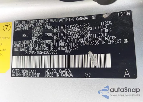 2004 Lexus Rx 330 z USA, uszkodzony, nr VIN 2T2HA31U94C025909